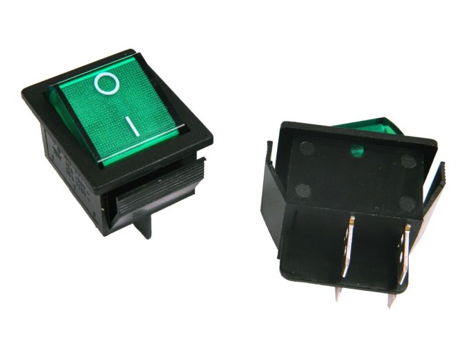 Kolébkový vypínač 2 polohový 4pin ON-OFF 250V 15A presvetlený zelený