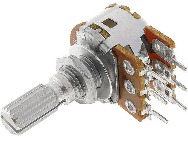 Potenciometer stereo logaritmický 50kΩ s drážkovanou hřídelí 6x9mm R16148-1B-2-A50K