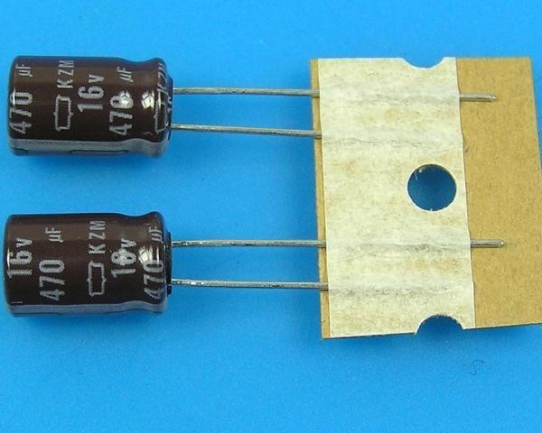 Kondenzátor elektrolytický 470uF/16V 105°C Nippon KZM - low ESR, dlhá životnosť, vysoký ripple current