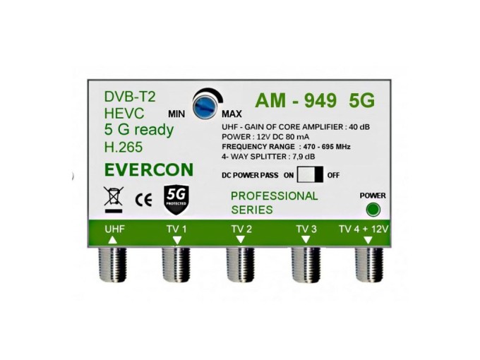 Anténny zosilňovač DVB-T2 AM-949 5G, 40dB, 4x výstup