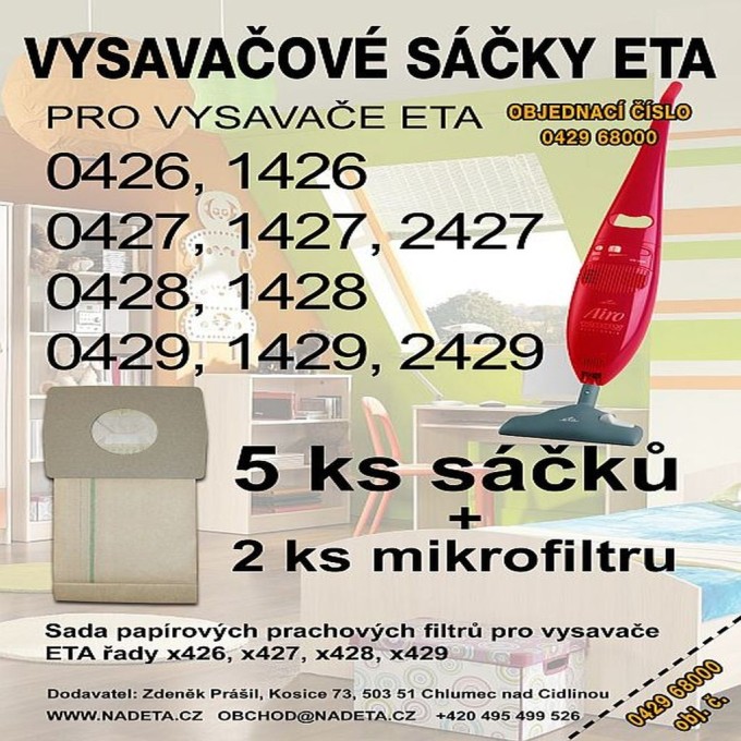Papierové sáčky do vysávače Eta 0429 a kompatibilné modely, sada 5 ks + 2 mikrofiltre