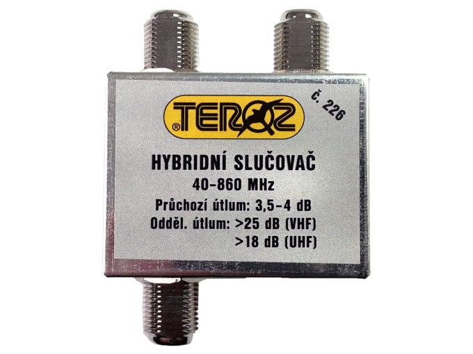 Hybridný anténny slučovač TV s 2 výstupy a F konektory