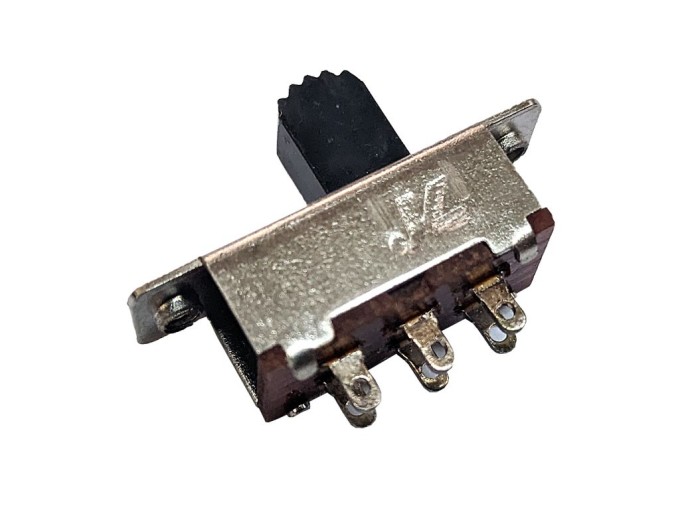 Posuvný prepínač DPDT s pájecími očky, 2 pozice, 23x7,2 mm