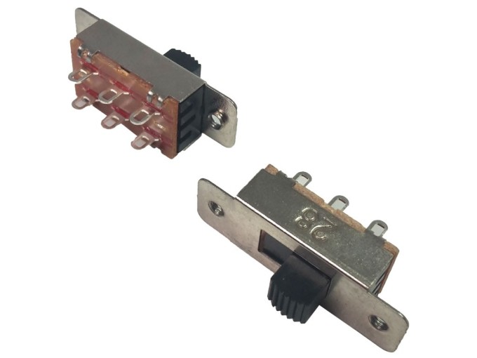 Posuvný prepínač DPDT s pájecími očky, 35x12,6 mm