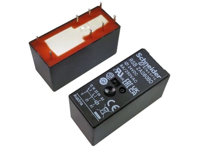 Relé 24V DC, 2x250V/8A, RSB2A080BD - Schneider Electric