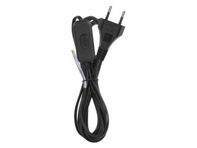 Sieťový kábel s vypínačom 2x 0.75mm2, čierna plochá dvojlinka 2m