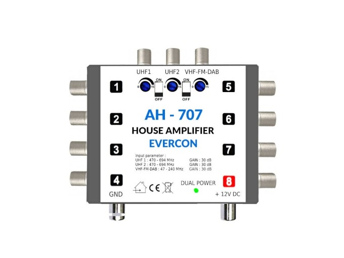 Anténny zosilňovač DVB-T2 AH-707 Evercon 5G, 30dB, UHF, DAB/FM, 8x výstup
