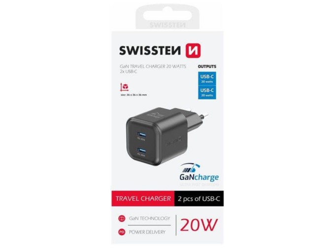 SWISSTEN 2x USB-C Nabíjačka Power Delivery 20W čierna