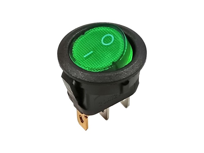 Guľatý kolískový vypínač 1 pólový 12V DC / 16A podsvietený zelený