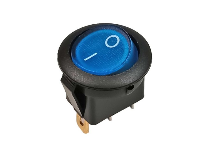 Kulatý kolébkový vypínač 1 pólový modrý prosvětlený 12V DC 16A ON-OFF