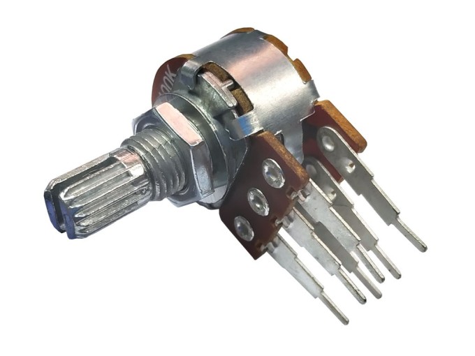 Potentiometer stereo otočný 10kΩ lineárny s drážkovanou hriadeľou 6x9mm