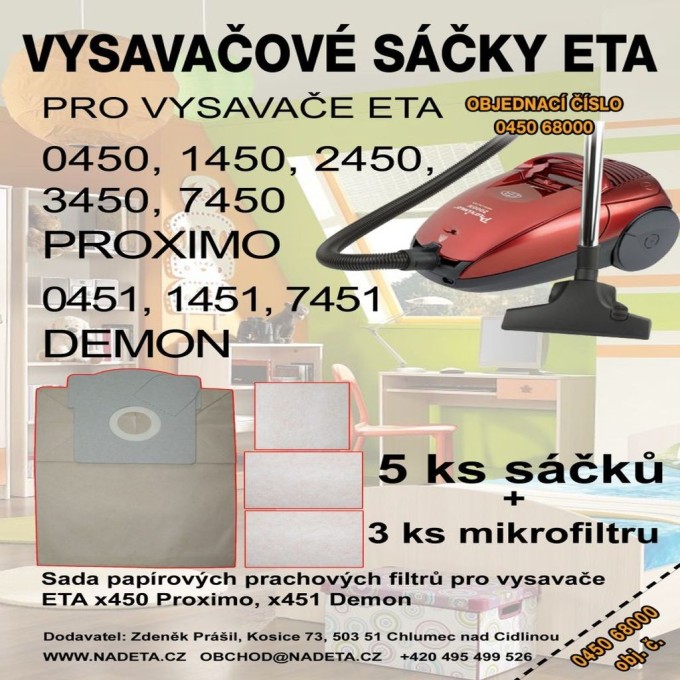 Papierové sáčky do vysávača ETA 0450, 1450, 2450, 3450, 7450, 0451, 7451, Proximo, Demon, Galaxie - 8 ks