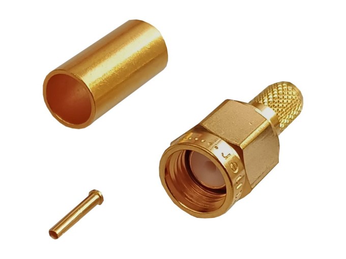 Pozlátený krimpovací konektor SMA pre kábel RG58 - samec reverzný