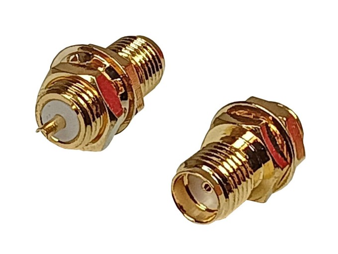 Pozlatený SMA panelový konektor samica s maticou pre pájenie