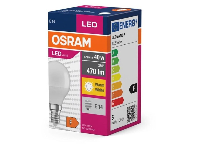 LED žiarovka OSRAM VALUE E14 4.9W, 220-240V, 2700K, miniglobe
