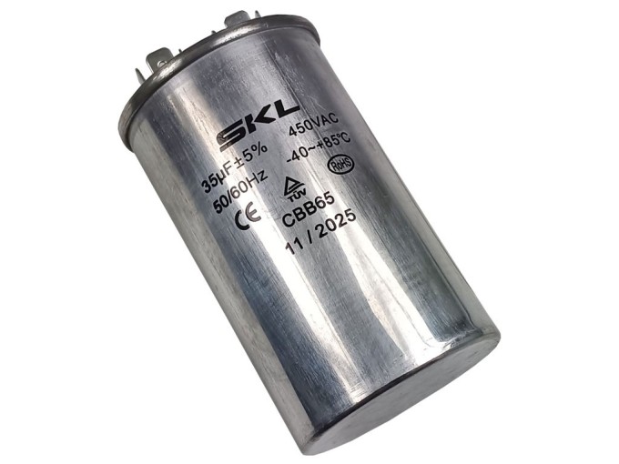 Rozbehový kondenzátor 35 µF 450V 50/60Hz CBB65 s faston konektormi 6,3 mm